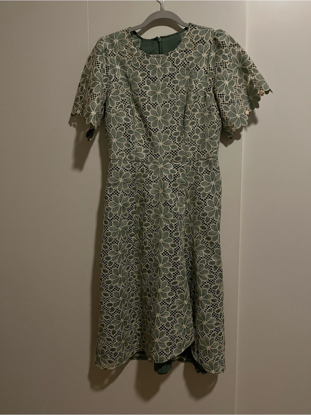 Maggy London Sage Green Floral Lace Midi Dress with Scalloped Edges